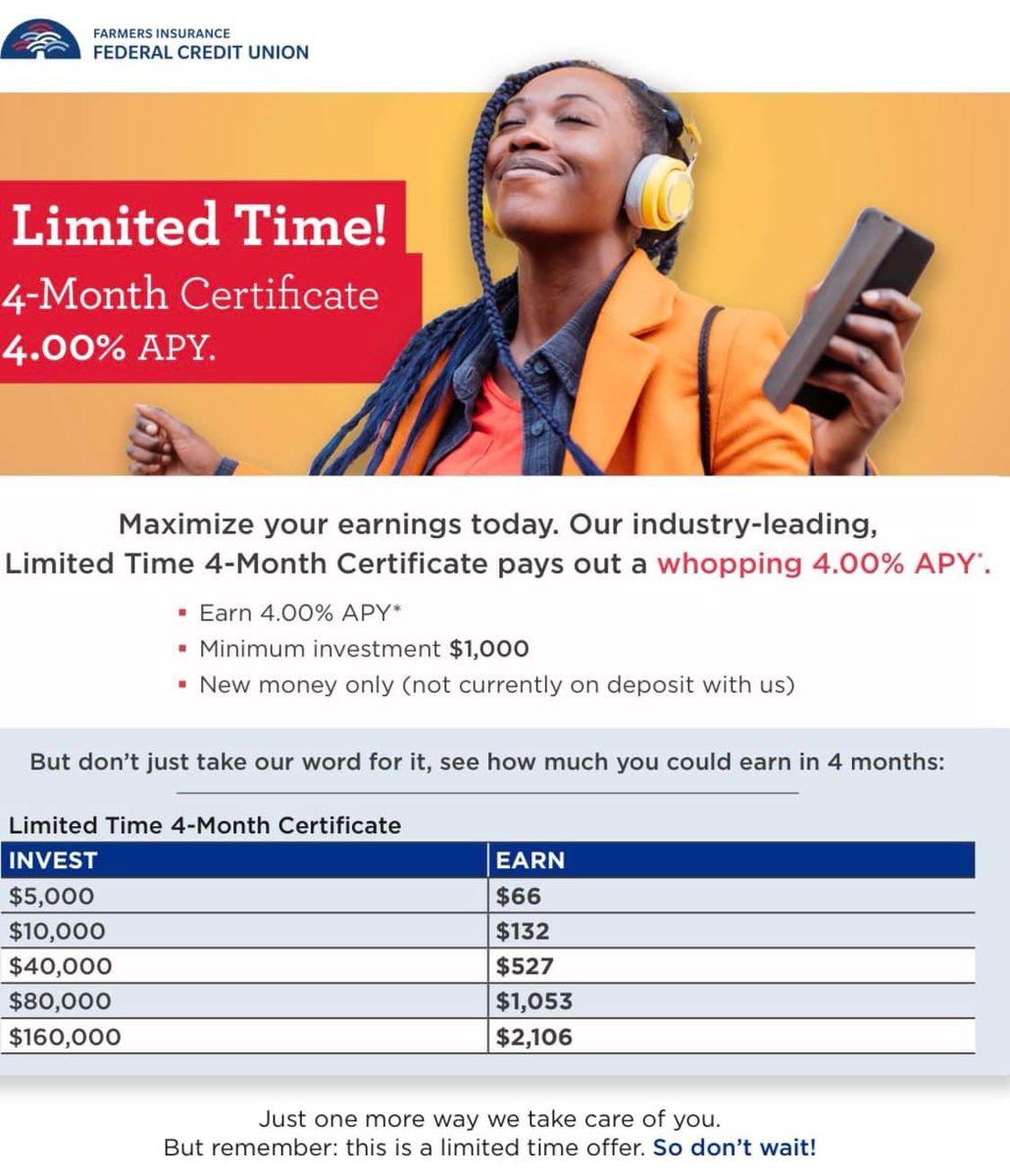 MelanieFIGFCU's tweet photo. YOU can be a #figfcu member! Why? 3.30% Online Savings Account on any balance! 💰                                              And the CDs!! 3.66% 3month CD         4% 4 month CD  $1k or more no max! #savings #money #savingsaccount #creditunions https://t.co/LQCetJRLfq