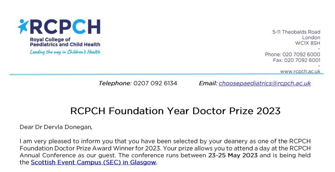Delighted to be a recipient of a Foundation Year Doctor Prize 2023 by <a href="/RCPCHtweets/">RCPCH</a>! Looking forward to the fascinating event ahead and connecting with more professionals in the field!