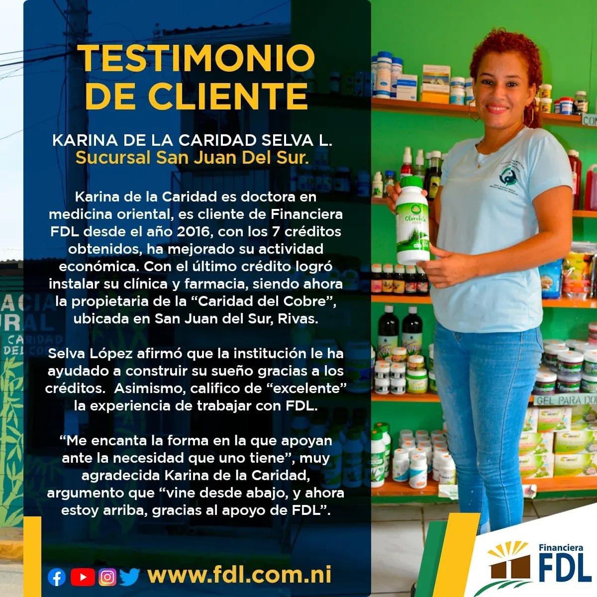 financierafdl's tweet photo. Testimonio de cliente 📋
Nombre: Karina de la Caridad Selva L.
Sucursal #FDL: San Juan del Sur.
Adquiere tu crédito para capital de trabajo fácil y rápido con #FinancieraFDL ✅️
☎️ 1801 7777
📱 8415 0126 con #Celi.
#TestimoniosFDL #NoticiasFDL https://t.co/mXqVJsgx30
