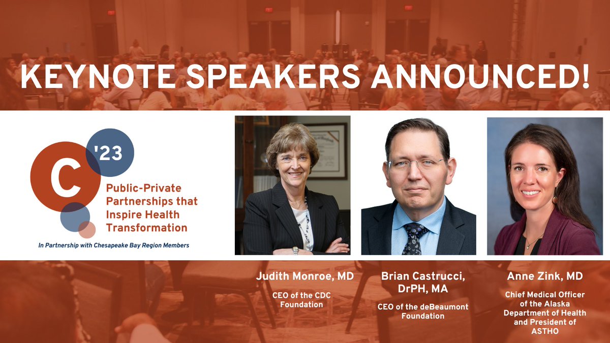 In addition to opening conference registration, yesterday we announced three of the #Civitas2023 keynote speakers!

We are so excited to hear from <a href="/CDCFound/">CDC Foundation</a>'s, Judith Monroe, MD, <a href="/deBeaumontFndtn/">de Beaumont Foundation</a>'s Brian Castrucci, DrPH, MA, and <a href="/Alaska_DOH/">Alaska Department of Health</a>/<a href="/ASTHO/">ASTHO</a>'s Anne Zink, MD, this August!