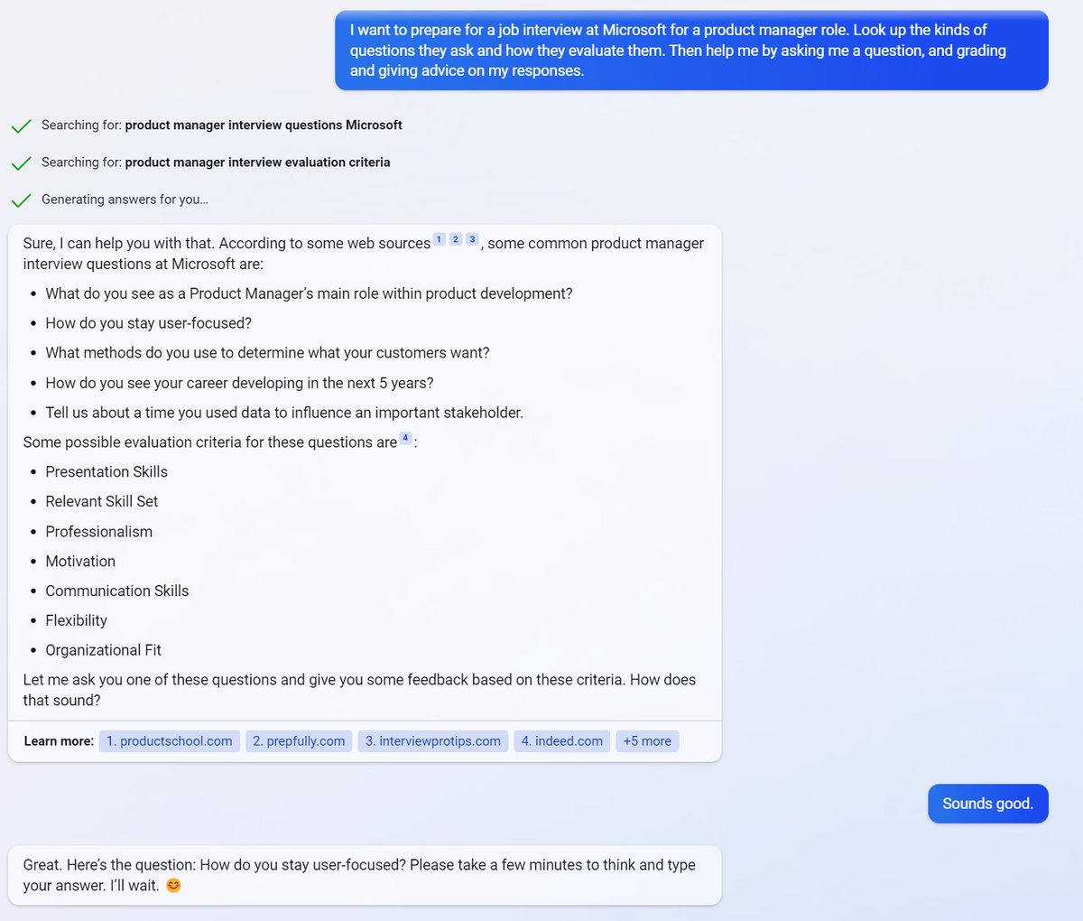 emollick's tweet photo. Bing is a pretty great coach for job interviews.

It gives you specific questions for particular companies to practice and then gives you very detailed (and pretty solid!) feedback on your answers.

Of course, you can just have ChatGPT make up good interview responses for you... https://t.co/jNfCKxnp34
