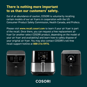 Cosori air fryers recalled after reports of fires, burns