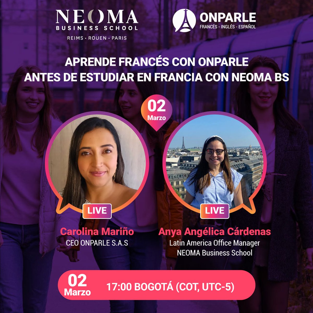 CCIFC's tweet photo. 🇨🇴📚 ¡Prepare su llegada a Francia con onparle antes de unirte a NEOMA Business School! 
No pierde el live Instagram de OnParle y @NEOMAbs el 2 de marzo a las 5pm (hora de Bogotá) para conocer más sobre estas innovadoras escuelas.
🔗https://t.co/xql68W5cCt
#idiomas #educacion https://t.co/GVPmopLXi6