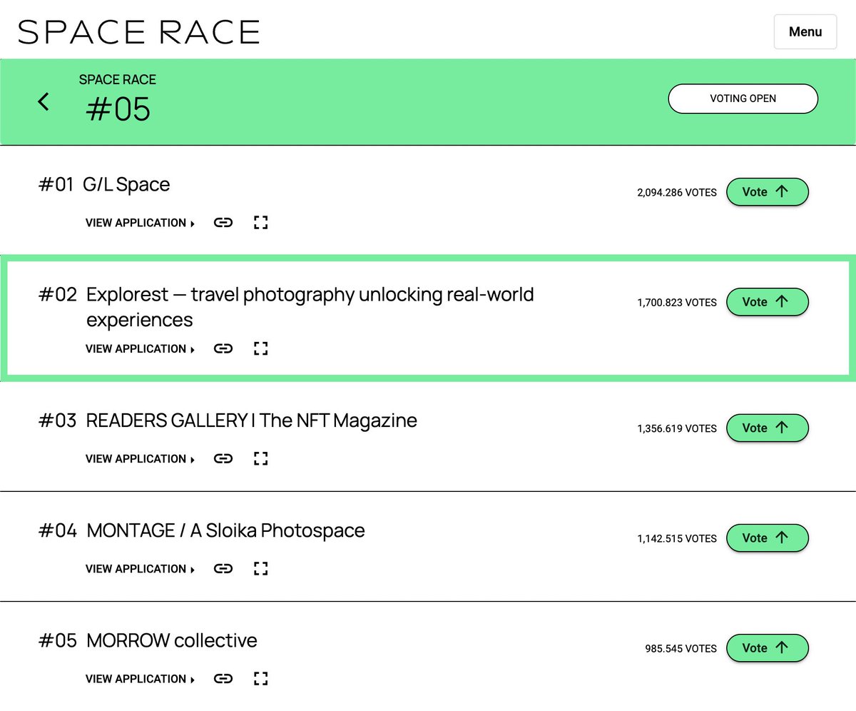 explorestapp's tweet photo. Gm! Space Race #5 is off to a firing start! The @explorestapp space is currently in second with 1700+ votes 🤯

4 days remain. If you want to help us become the primary space on @SuperRare to bridge photography with real-world experiences, we would greatly appreciate your vote!👇 https://t.co/0vARJVMyUf