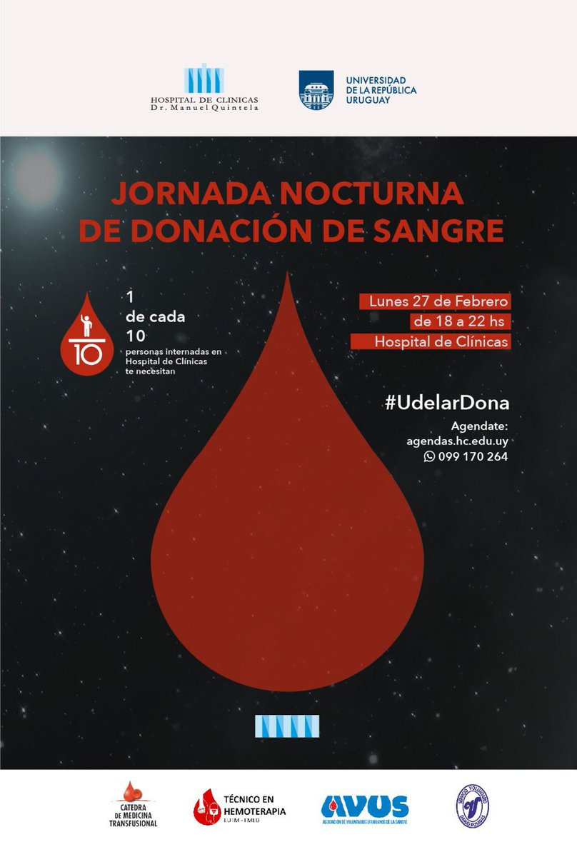 El próximo lunes 27 de febrero te esperamos en el Banco de Sangre del Hospital de Clínicas de 18 a 22 hs. Jornada nocturna de donación de sangre 🩸 
<a href="/hcmquintela/">Hospital de Clínicas Dr. Manuel Quintela</a> 
<a href="/fmedoficial/">fmedoficial</a> 
<a href="/Udelaruy/">Universidad de la República</a>