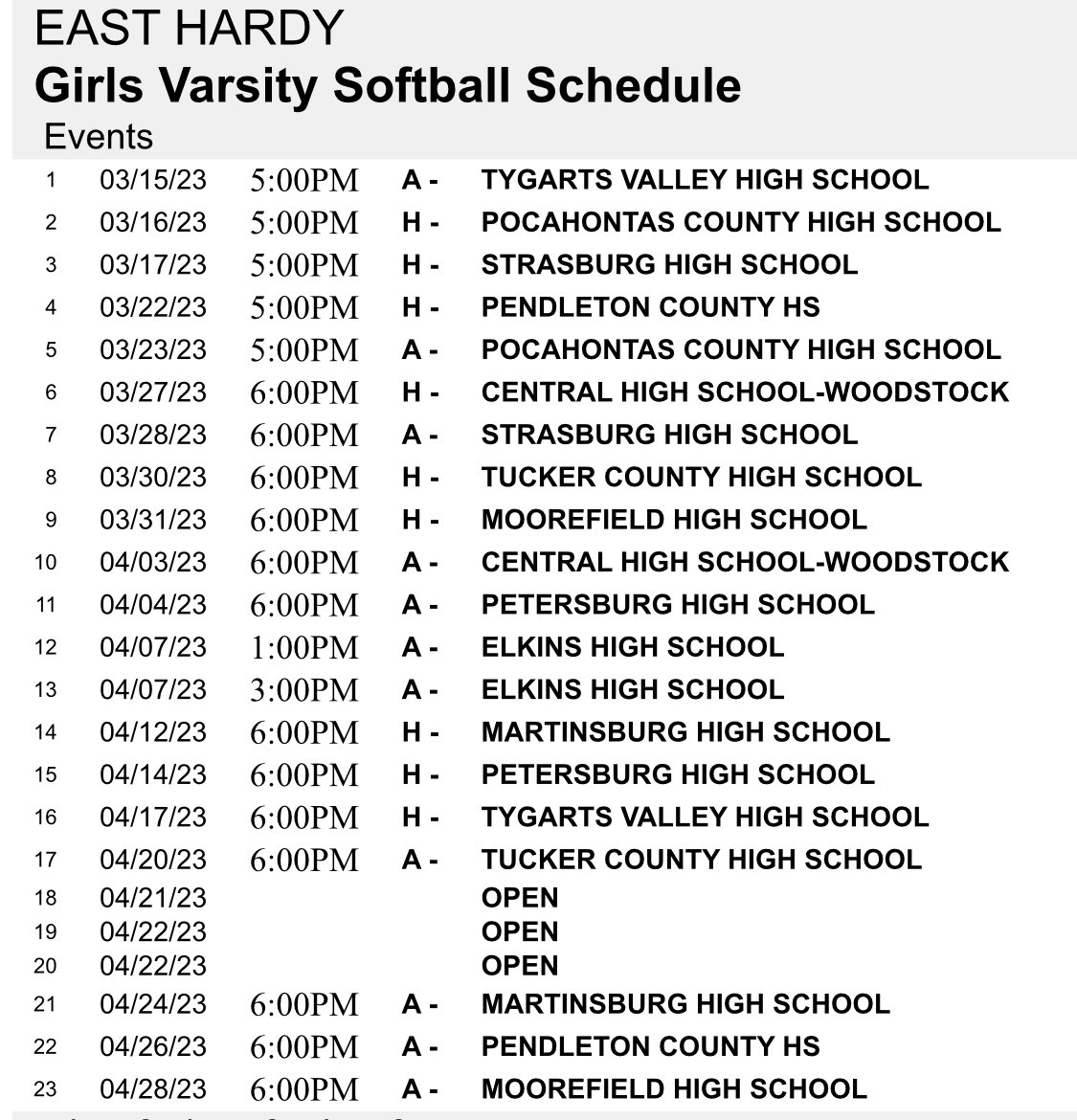 Carl on Twitter "Hardy County Baseball & Softball Schedules 🐝💙