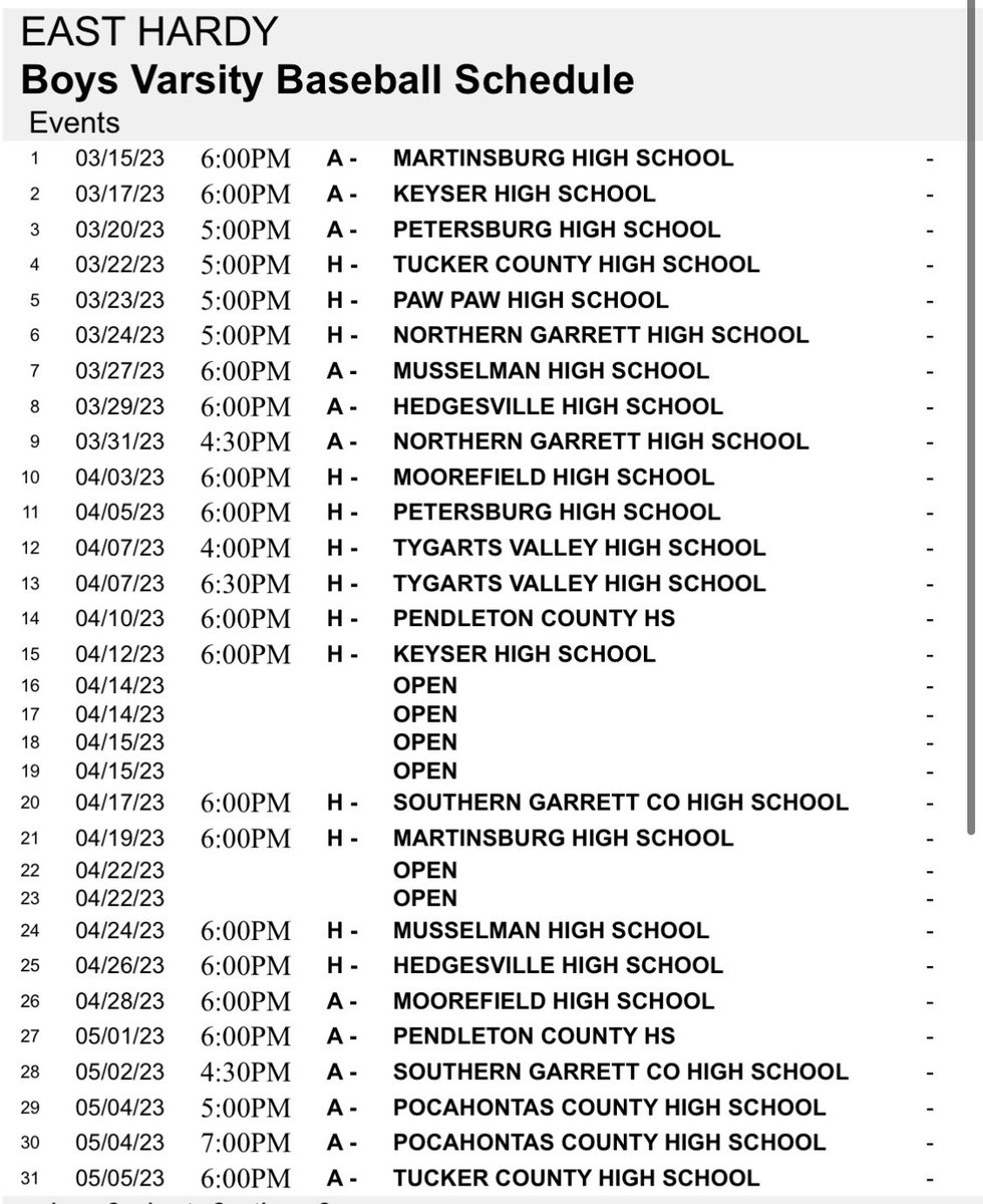 Carl on Twitter "Hardy County Baseball & Softball Schedules 🐝💙