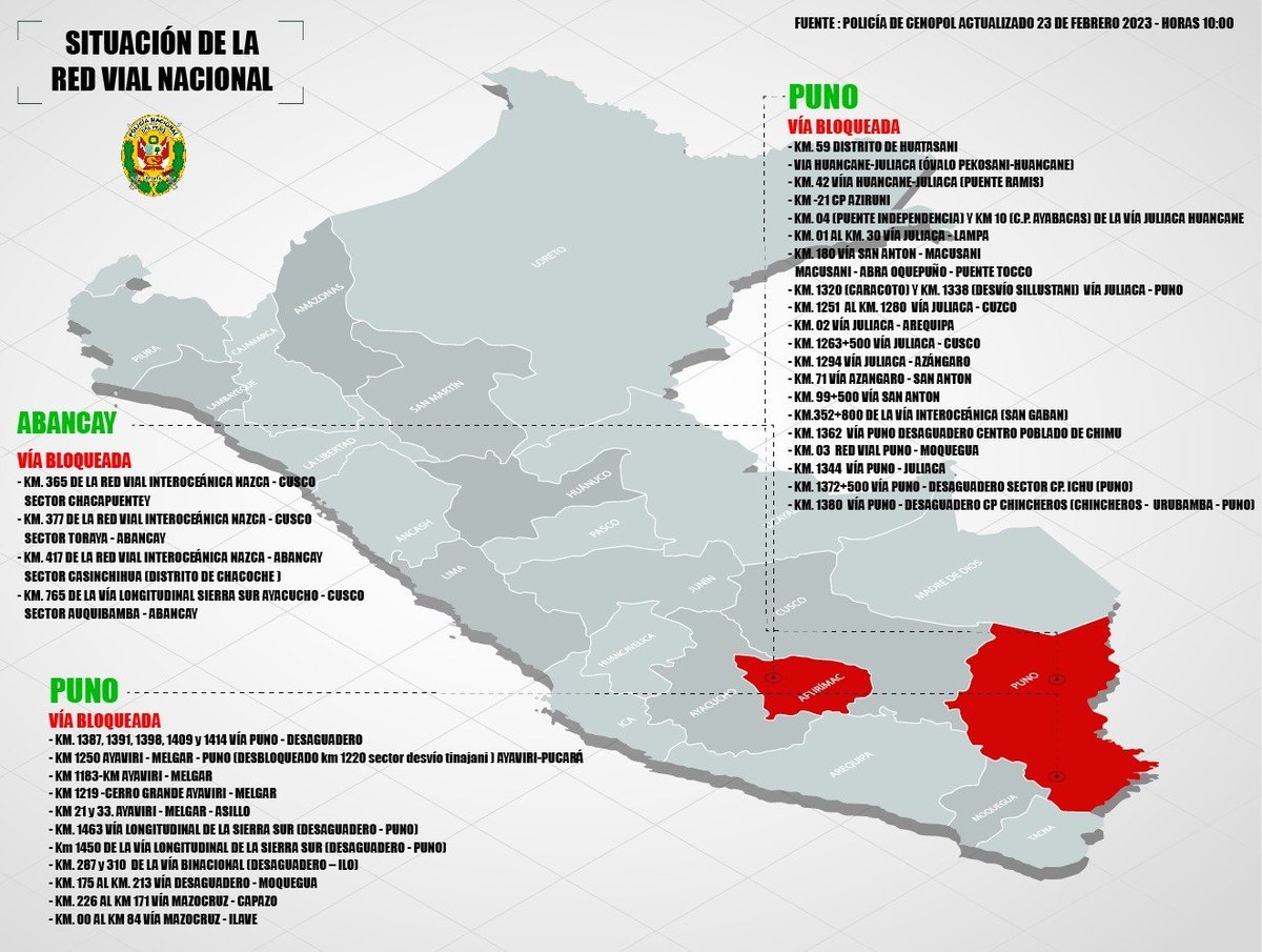 PoliciaPeru's tweet photo. #Actualización 🚨| La @PoliciaPeru brinda información sobre la situación de las vías a nivel nacional. https://t.co/24G6vnHNrJ