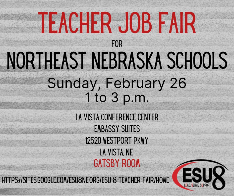 Looking for a great place to teach?  Come check out the Teacher Job Fair for the counties of Stanton, Madison, Pierce, Antelope, Holt, Boyd, and Wheeler.  Check us out here: sites.google.com/esu8ne.org/esu…  <a href="/esu8/">ESU 8</a> #esu8ne