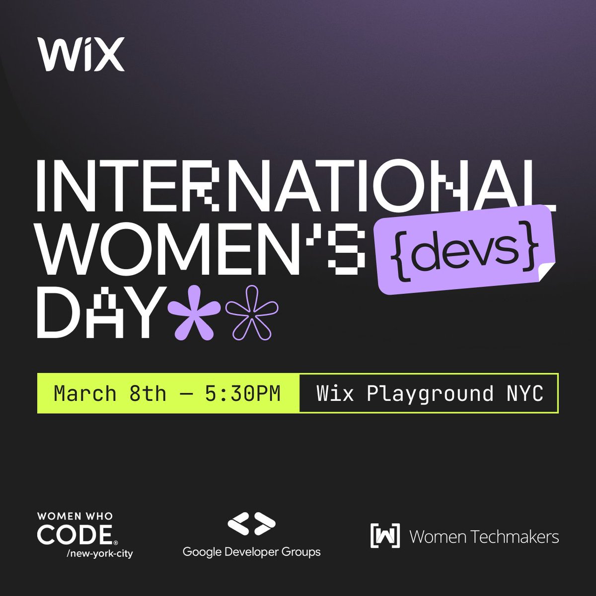Devs on Wix (@devsonwix) on Twitter photo Celebrate #InternationalWomensDay at our upcoming NYC meetup in collaboration with <a href="/WomenWhoCode/">Women Who Code</a>, <a href="/gdg_nyc/">Google Developer Group NYC</a>, and <a href="/WomenTechmakers/">Women Techmakers</a>. Learn from leading women in tech and expand your network.
ποΈ March 8 at 5:30PM EST
πWix Playground NYC
RSVP β wix.to/vdRQ9tm Celebrate #InternationalWomensDay at our upcoming NYC meetup in collaboration with <a href="/WomenWhoCode/">Women Who Code</a>, <a href="/gdg_nyc/">Google Developer Group NYC</a>, and <a href="/WomenTechmakers/">Women Techmakers</a>. Learn from leading women in tech and expand your network.
ποΈ March 8 at 5:30PM EST
πWix Playground NYC
RSVP β wix.to/vdRQ9tm