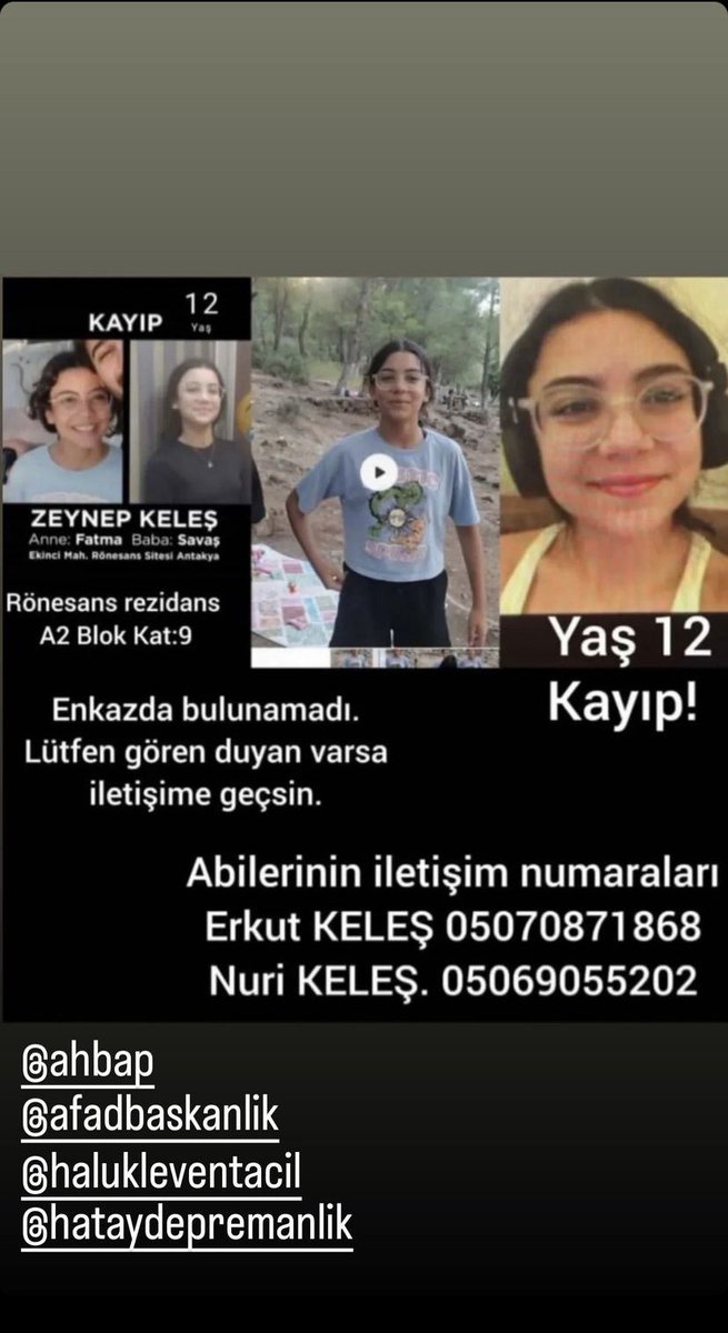 ZEYNEP KELEŞ, HATAY RÖNESANS RESİDANS. Enkazda bulunamadı, depremden beri kayıp #deprem #depremhatay #AFADhatay #ahbaphatay #SONDAKIKAdeprem #roenesansrezidanskayıpları <a href="/ahbap/">Ahbap</a> <a href="/saglikbakanligi/">T.C. Sağlık Bakanlığı</a> <a href="/haluklevent/">Haluk Levent ( Ahbap Ekibi )</a> <a href="/OguzhanUgur/">Oğuzhan Uğur</a> <a href="/BabalaTv/">BaBaLa TV</a>