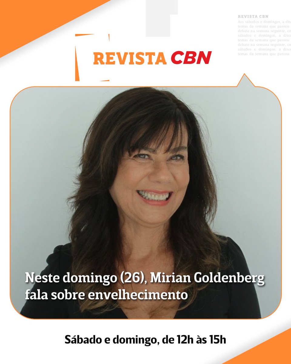 CBNoficial's tweet image. Nos deixem envelhecer em paz. Este é o apelo feito pela antropóloga Mirian Goldenberg, convidada de @petriachaves para o Revista CBN deste domingo (26), a partir das 13h30. Acompanhe no site, app, Youtube ou Facebook da CBN. #Envelhecimento #NoArNaCBN