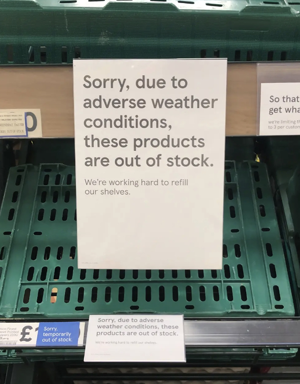 jam_har's tweet photo. Went to supermarket to restock on veg: no tomatoes, cucumbers or broccoli due to 'adverse weather conditions'. I wish they'd say 'due to #climatecrisis caused by humans burning fossil fuels'. 'Adverse weather conditions' are gonna get a whole lot more adverse.
#tomatogate https://t.co/smw5pVgd1e