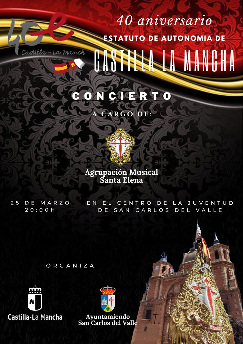 Buenas noches, comunicar que el próximo mes tenemos una cita en nuestra localidad. Participaremos en el 40 aniversario del Estatuto de autonomía de Castilla La Mancha, donde daremos un concierto en conmemoración de dicha celebración.

📍Centro de la juventud🗓️25 Marzo🕓 20:00h