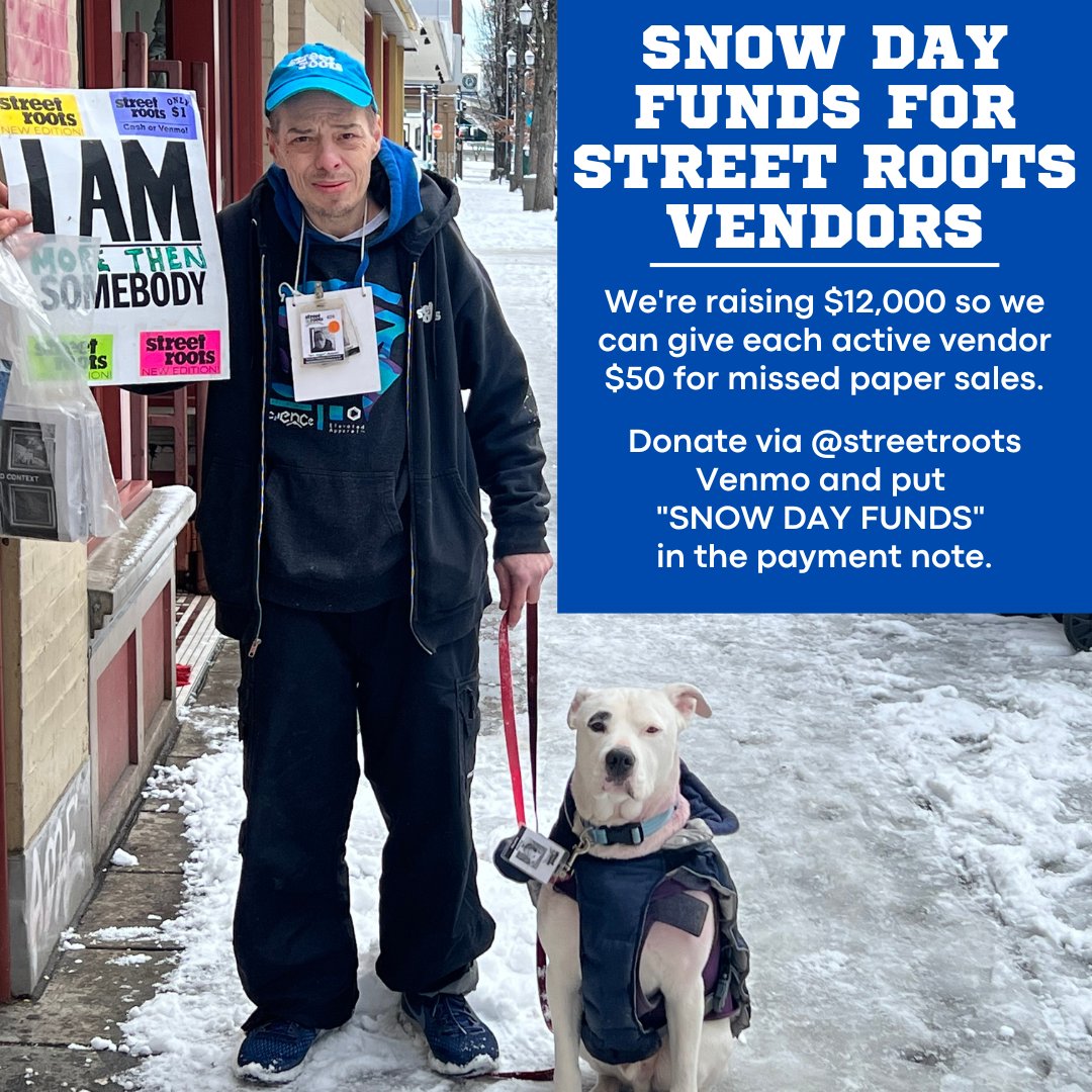 StreetRoots's tweet image. ❄️We’ve launched a temporary campaign to raise $12,000 to support our 234 active vendors to make up for lost sales due to inclement weather. ❄️ 

Donate by sending your support to @streetroots Venmo. Simply enter your donation amount and put “SNOW DAY FUNDS” in the payment note.
