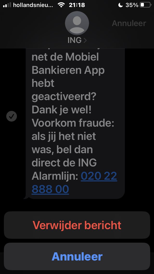 AlideHijmans's tweet photo. @INGBelgie   Dit is een fake bericht want die ing app staat niet op mijn telefoon.  @Fraudehelpdesk https://t.co/k1RbNsvXQQ