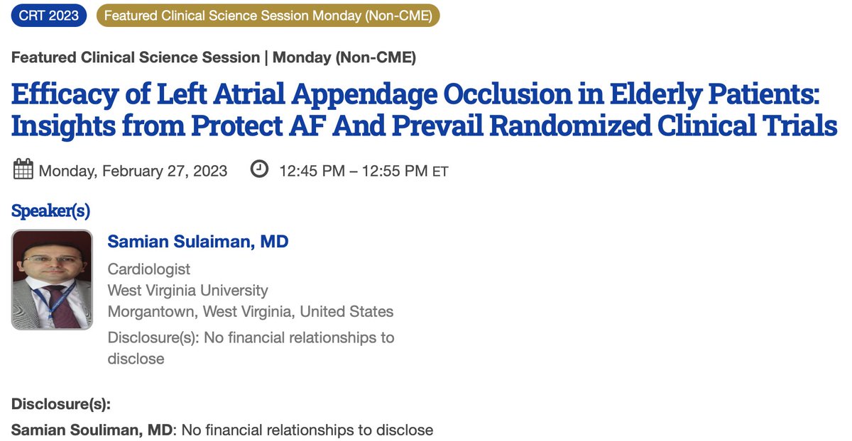 Mohamad Alkhouli (@adnanalkhouli) on Twitter photo Join us in the featured clinical science session <a href="/CRT_meeting/">CRT Meeting</a> to hear about the treatment effect of LAAO in the elderly.
Super star <a href="/SamianSulaiman/">Samian Sulaiman</a> will be discussing 5-yr age-stratified results from PROTECT AF & PREVAIL. #crt2023 Join us in the featured clinical science session <a href="/CRT_meeting/">CRT Meeting</a> to hear about the treatment effect of LAAO in the elderly.
Super star <a href="/SamianSulaiman/">Samian Sulaiman</a> will be discussing 5-yr age-stratified results from PROTECT AF & PREVAIL. #crt2023