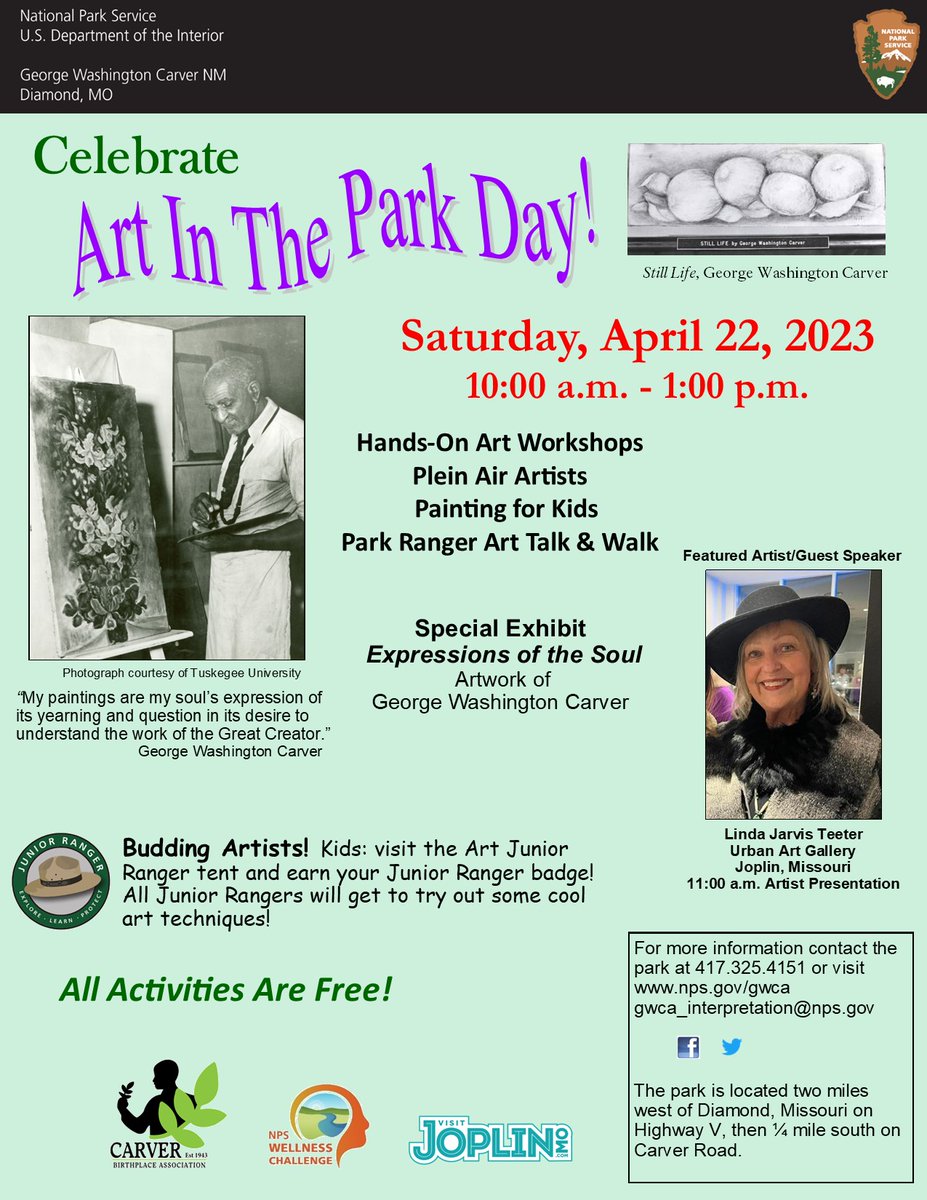 GWCarverNPS's tweet image. SAVE THE DATE! Art in the Park is Saturday, April 22, 2023. Many activities for the entire family to enjoy. Our featured artist/guest speaker is Linda Jarvis Teeter, Urban Art Gallery, Joplin, MO, &amp;amp; Joplin’s Art Walk.  Fun day for sure!  Art in the Park is free of charge.