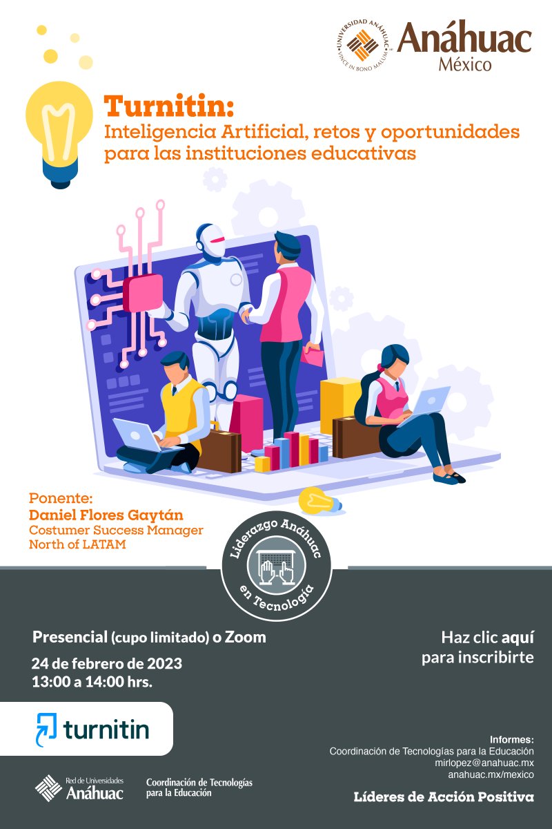 cteanahuac's tweet photo. ¡Te invitamos a la conferencia "Turnitin: Inteligencia Artificial, retos y oportunidades para las instituciones educativas"!
📆 Viernes 24 de febrero de 2023
Inscríbete aquí: https://t.co/XgZIPmASKr
🤓🤖
#Anáhuac #UniversidadAnáhuac #Conferencia #Turnitin #InteligenciaArtificial https://t.co/XmXNGYjxzX