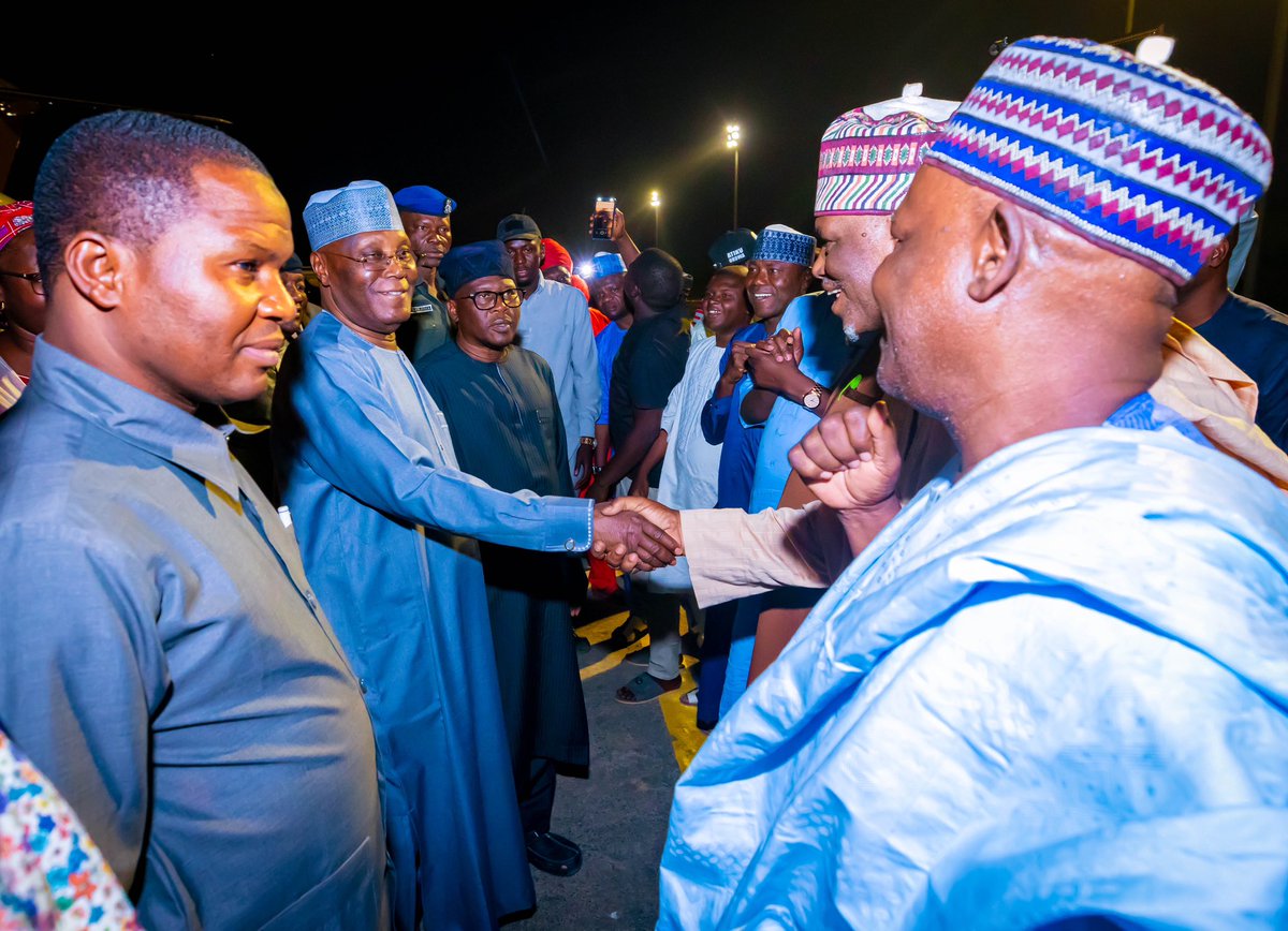 atiku's tweet photo. I arrived in Yola not long ago, preparatory to casting my vote in the Saturday, 25 February presidential election. -AA #VotePDP https://t.co/pA9Du6ZuIg
