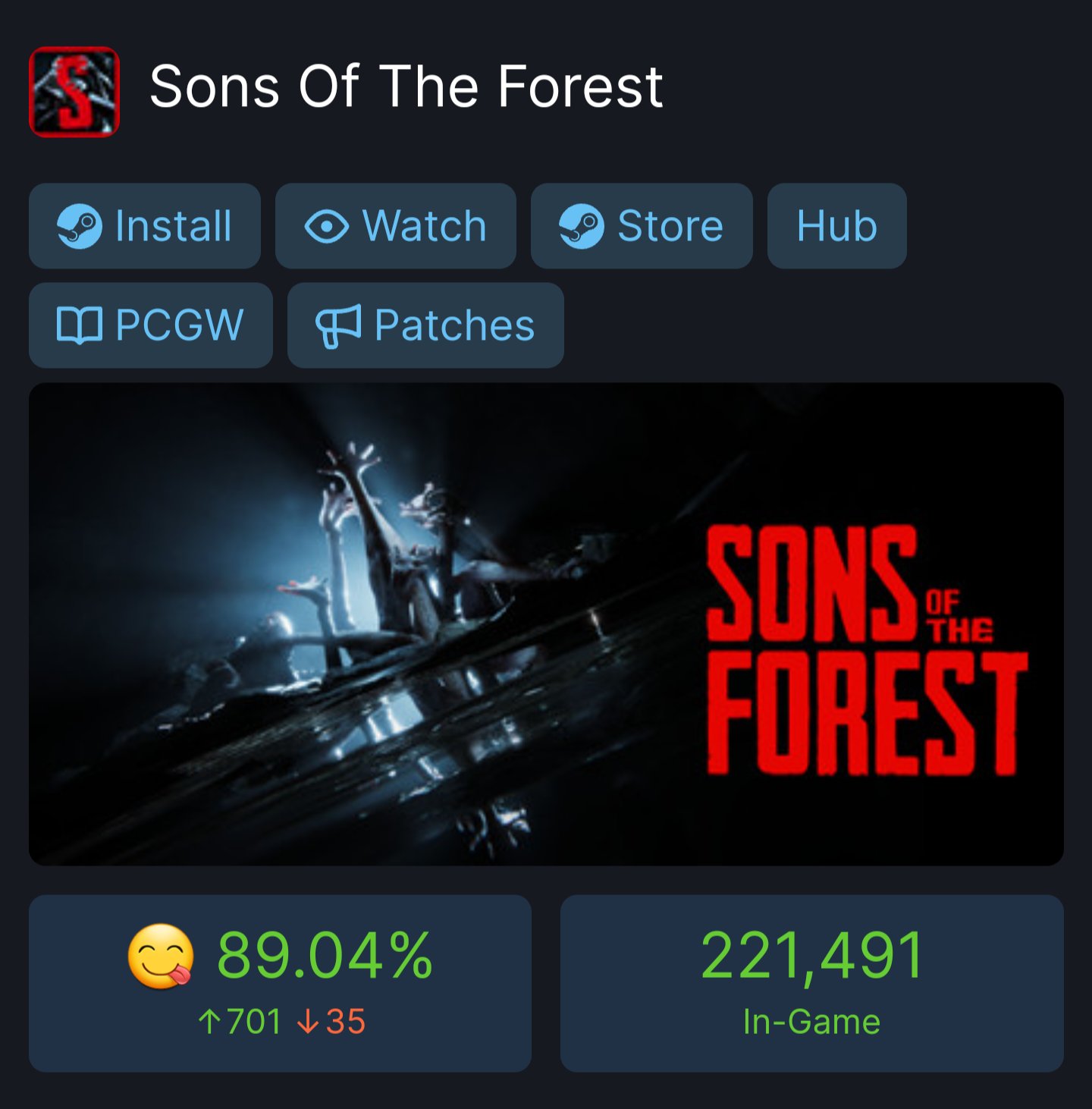 Okami Games on X: Indie survival horror game Sons of the Forest has  surpassed 700k viewers on Twitch (!) and 130k concurrent players on Steam  within hours of release. It features full