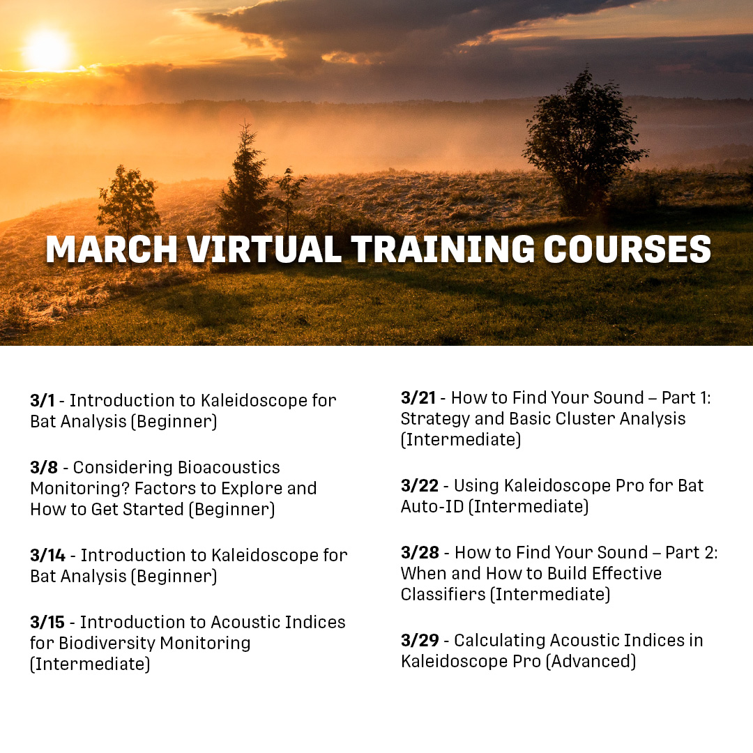 Join us for our eight free virtual training courses in March! From beginner to intermediate to advanced levels, learn about bioacoustics and how to enhance your wildlife acoustic monitoring skills! 🎓🐦🦇  #Bioacoustics #KaleidoscopePro

Register Here: bit.ly/3XSGrdN