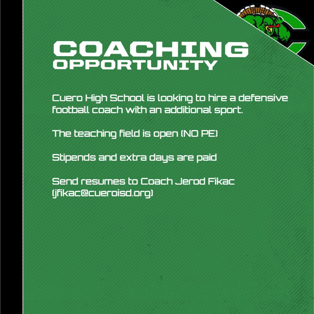 Cuero is looking to hire three coaches who look to make a positive impact in kids lives and get to coach some ball. Come be a part of an awesome school district and community.  #AKC #GMG <a href="/Matt_Stepp817/">Matt Stepp</a>