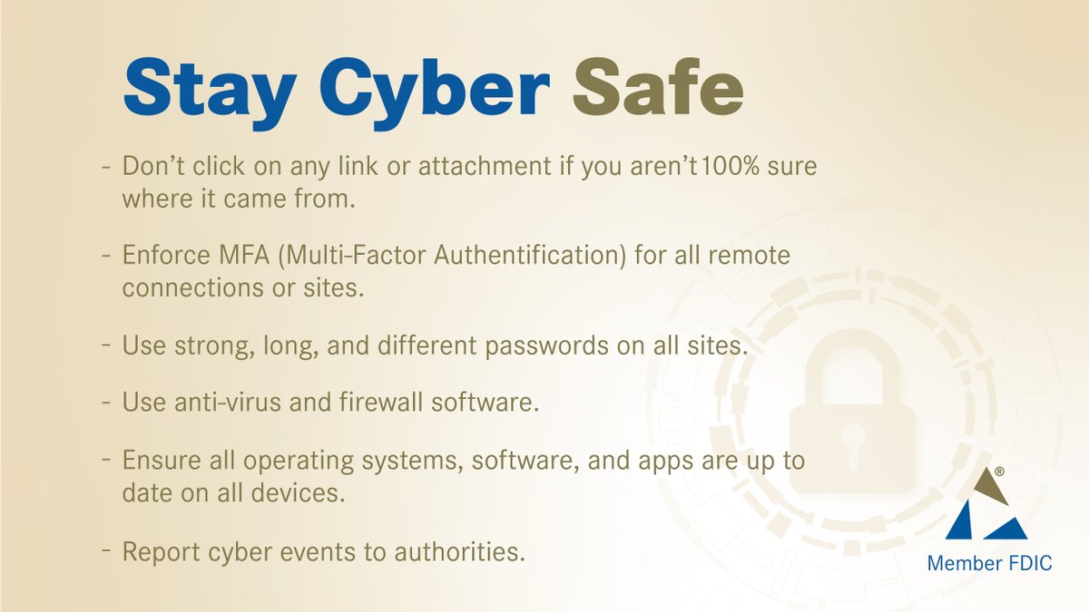 FirstCapBankTx's tweet image. Let’s talk cybersecurity! Follow these quick tips below to help protect yourself from cybercriminals while online.