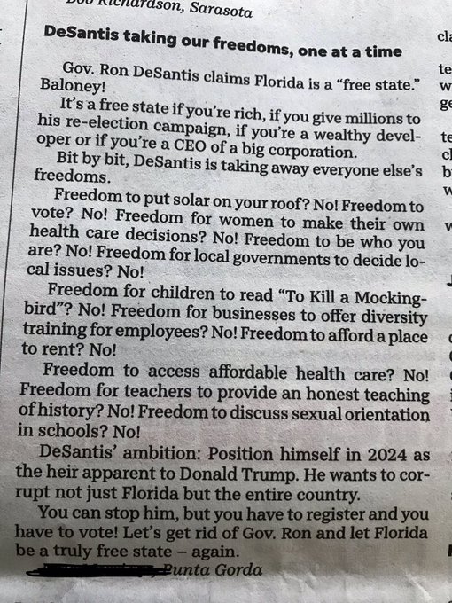 namwella1961's tweet photo. While this is opinion piece is written about Ron DeSantis, it's true for all Republicans.

Democrats want to expand our rights.
Republicans want to burn them to the ground.

Democrats want democracy.
Republicans want fascism.
#ProudBlue Floriduh #VoteBlueToSaveAmerica https://t.co/RM02uIM1FH