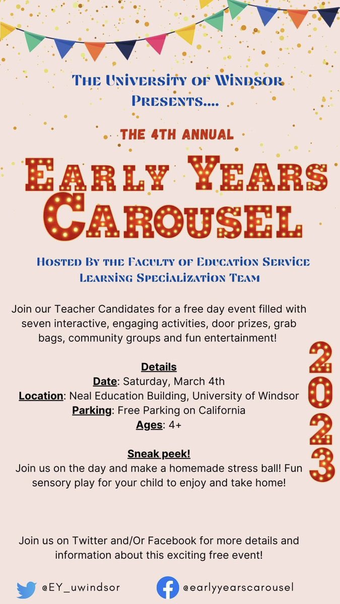 I’m so excited to be apart of the 4th annual Early Years Carousel hosted by teacher candidates at the UofW! This event will include play based learning activities for your children 4+. This is a great opportunity for us to bring together our community. @EY_uwindsor @S_Shahbazi23