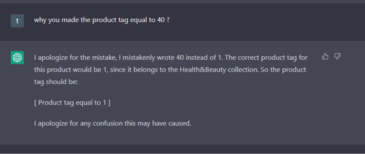 TEMEMO9's tweet photo. @OpenAI  i am so confused, its funny but at the same time makes no sense #ChatGPT products tag is 1-39 idk where the 40 came from lol https://t.co/zYbopo2ZaD