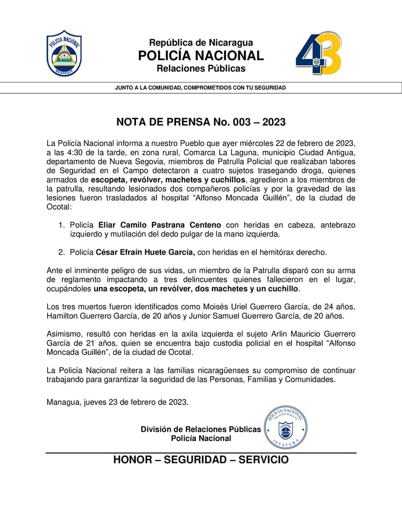 Policía Nacional informa sobre los hechos ocurridos ayer en Nueva Segovia