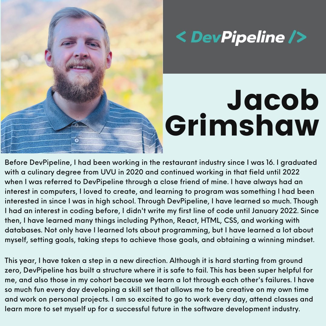 dev_pipeline's tweet photo. Meet our Developer: Jacob Grimshaw.
We are excited to see what Jacob can accomplish in his journey!
#devpipeline #softwaredeveloper #coding #openforwork https://t.co/n73ZvPpprl