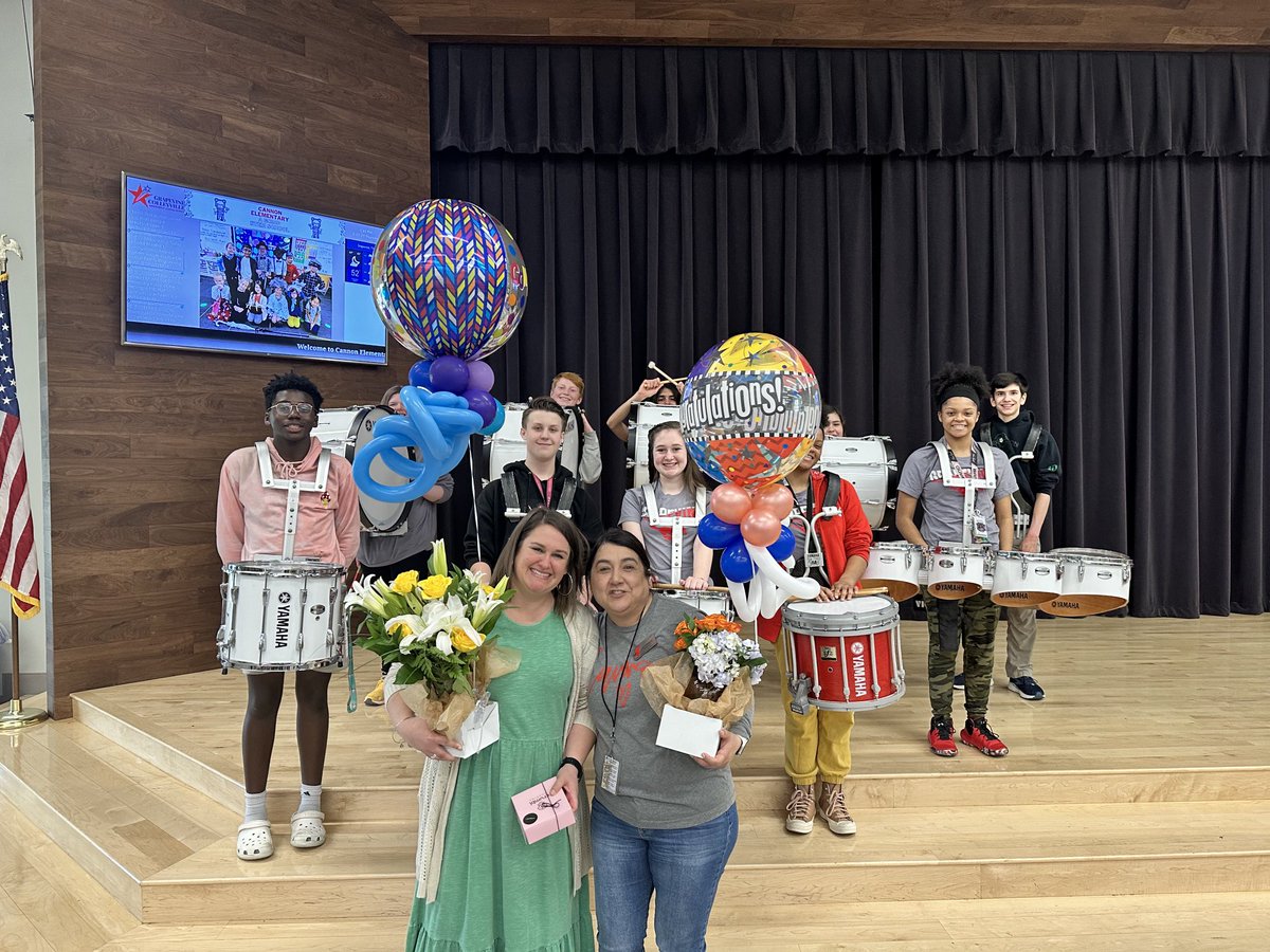TinaTagsIt's tweet photo. Congratulations to our ⁦@canSTEM⁩ 2022-2023 Teacher and Paraprofessional of the Year!! Way to go Stefani and Ana!  A special thank you to ⁦@gmsdrums⁩ for helping us celebrate! #Be Cannon Proud https://t.co/kdywF01Dlc