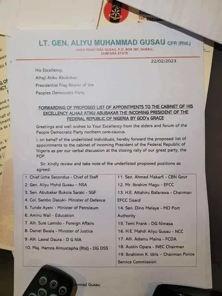 AminuAbuzayd's tweet photo. How True Is This?
The Old thief still remains the Old Thief Don't Vote For PDP #RejectPDP. This is a list a names forwarded by General Aliyu Gusau for consideration for appointments into the cabinet of Atiku Abubakar if elected. Reject them. https://t.co/qIxLjhbCOL