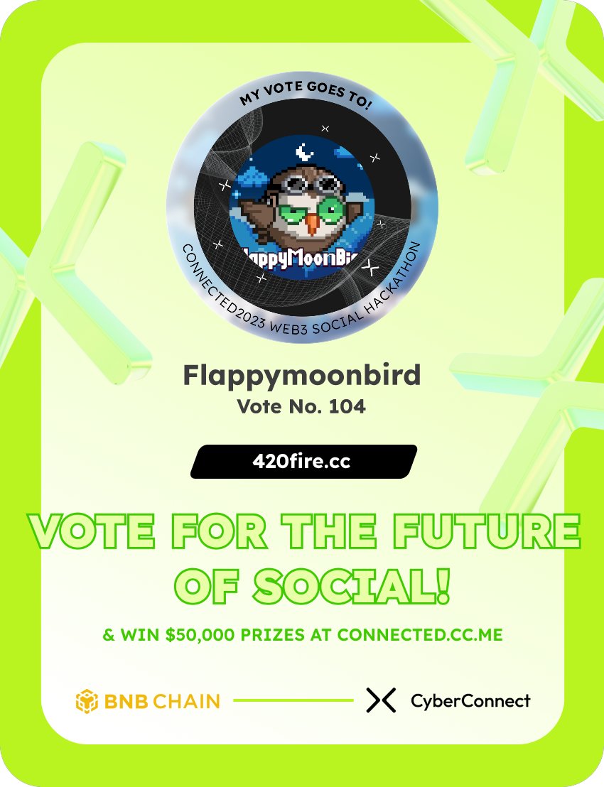 Just voted for my favorite project Flappymoonbird in #Connected2023, a Web3 Social hackathon by <a href="/CyberConnectHQ/">(Deprecated) CyberConnect</a> the social graph protocol &amp; <a href="/BNBCHAIN/">BNB Chain</a>
Join me to vote for a better social and win $50,000-$100,000 prizes!
connected.cc.me
sig:gOJ3ZL 
  x.com/CyberConnectHQ…