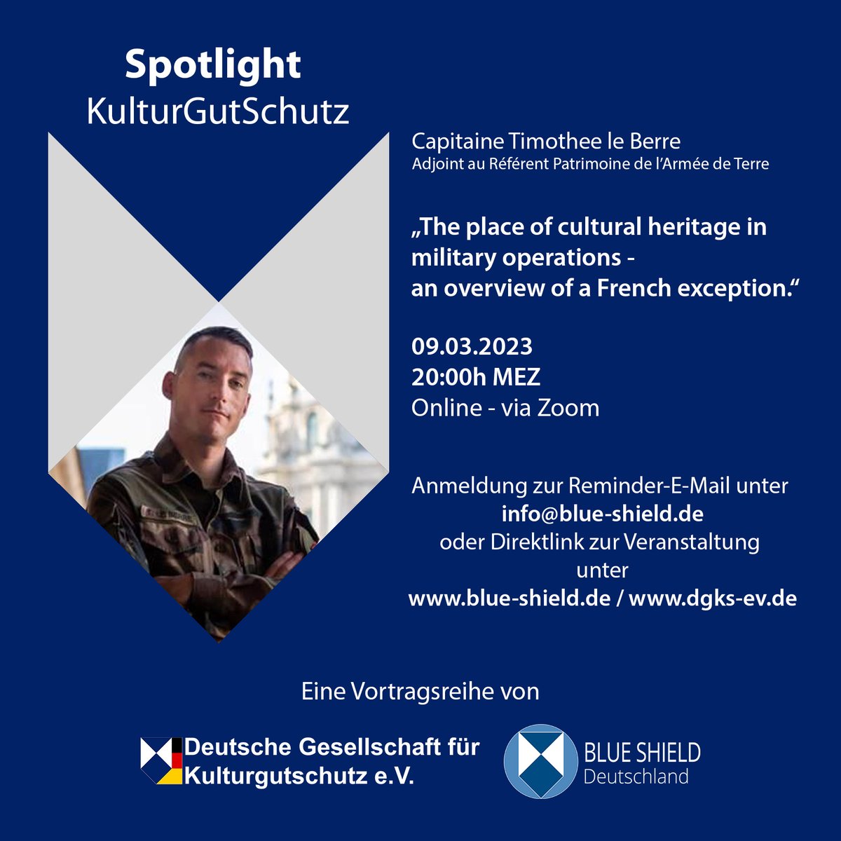 Spotlight KuturGutSchutz - Gemeinsam mit der <a href="/DGKSeV/">Deutsche Gesellschaft für Kulturgutschutz e.V.</a> starten wir eine Vortragsreihe, über Notfallvorsorge, illegalen Handel und militärischen Kulturgutschutz. Zum Auftakt spricht <a href="/TimLeBerre/">Tim</a>  Alle Infos: blue-shield.de/spotlight-kult… 
Wir freuen uns auf euch!