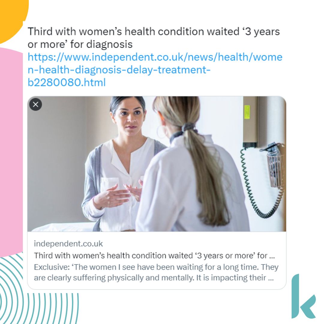 KensaHealth's tweet photo. 1/3 of people with "women's health conditions" wait 3 yrs or more for diagnosis. When women wait for care, they suffer and die due to delayed diagnosis. This is not OK. If you are concerned about your health don't suffer in silence. #womenshealth https://t.co/wxcdjLsA7G https://t.co/hMMIp7yQDT