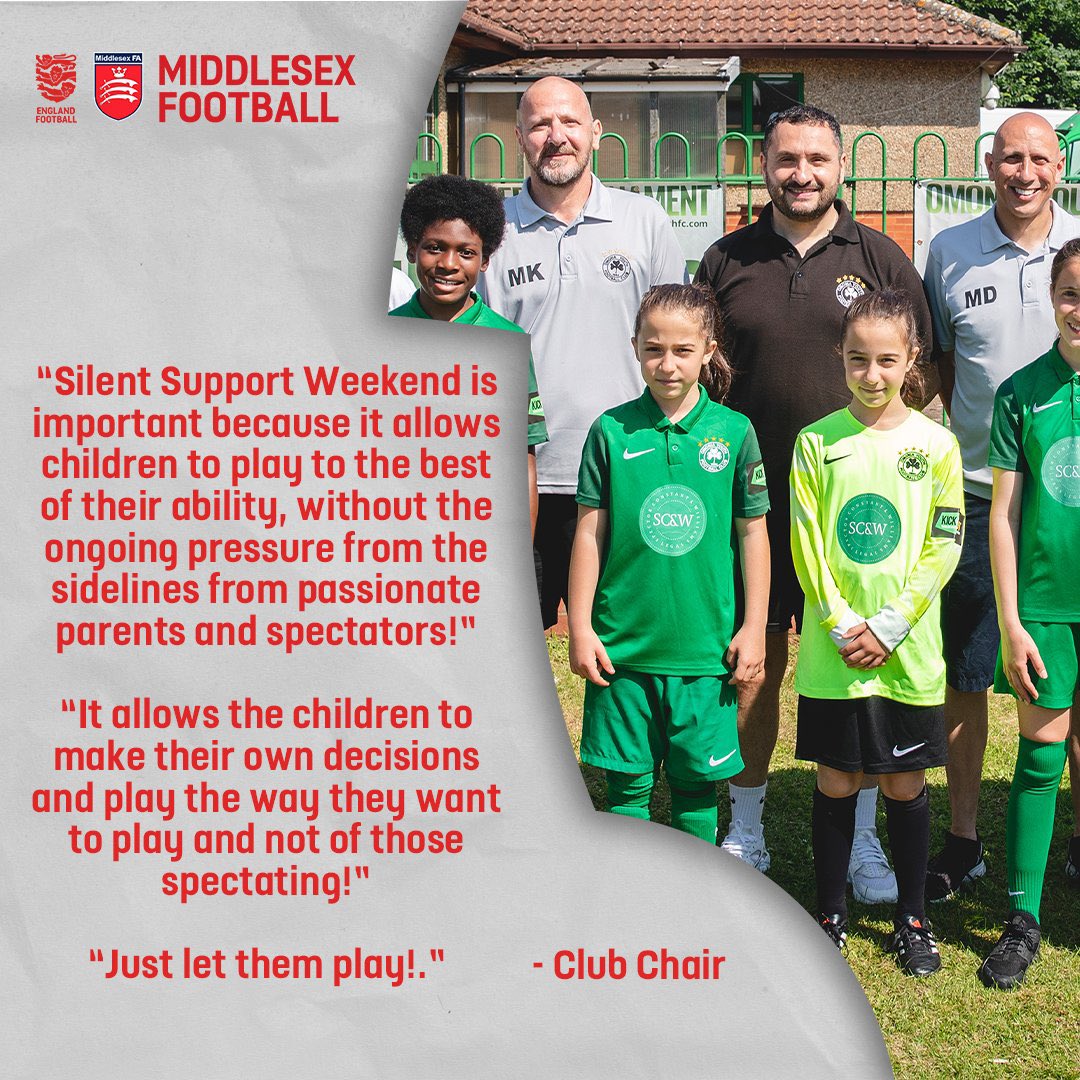 The FA's #SilentSupportWeekend is back this weekend! 🤫 

Staines & Lammas (Middx) FC is asking it’s Parents & supporters to show their support from the sidelines through applause only 👏 

Turn down the volume, turn up the support! #UTL | #SilentSupportWeekend 🤫