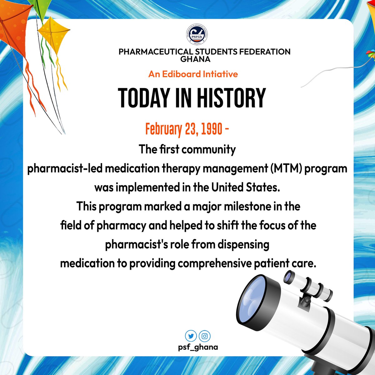 psfghana's tweet photo. Today In History!⏳
February 23,1990

On our first episode of  Today in History, we honour the legacy of all Pharmacists💊 who helped change the role of a pharmacist from dispensing medications to providing Comprehensive Patient Care thus optimizing therapeutic outcomes✍️

#TIH https://t.co/MylsNyn9i5