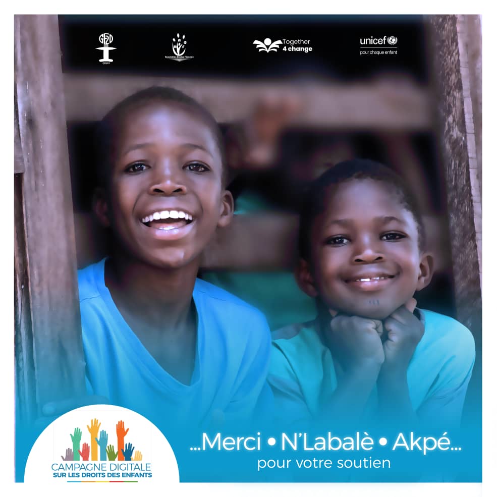 Chère famille,

Vous nous avez soutenus pendant tout un mois dans le cadre de notre campagne digitale de promotion des droits des enfants.
Pour tous vos likes, commentaires et partages, n doous vous disons : 
Akpé kaka, E’Labalè, Nakokari, Anitchè, Merci !

#UNICEFTogo
#GF2D