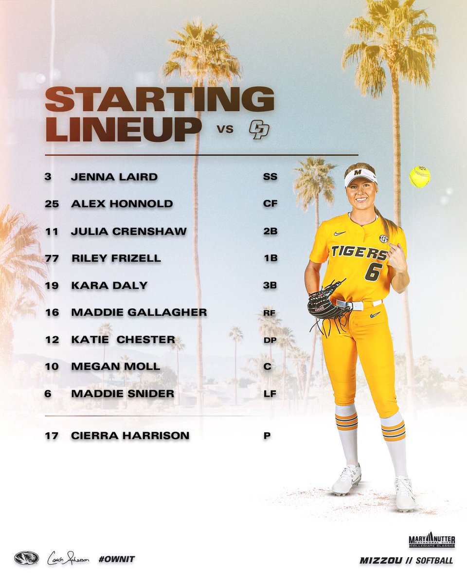 Starters for today’s game against Cal Poly.

First pitch is set for 2:55 p.m., CT.

#OwnIt #MIZ 🐯🥎