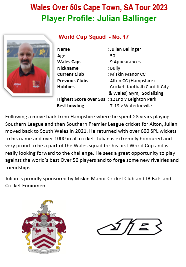 Wales_over_50s's tweet photo. Julian Ballinger @MiskinManorCC will make his o50s International debut at the o50s World Cup. Still playing regular first team cricker after an outstanding club cricket career. https://t.co/P8c33CBgQ9