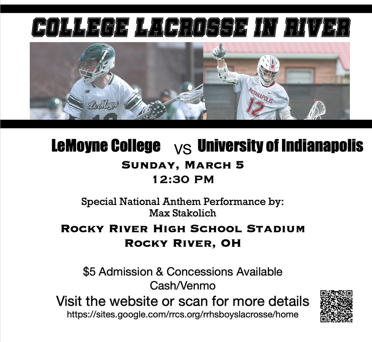To all that love the game of lacrosse.. come out tomorrow to Rocky River High School and watch LeMoyne &amp; IUIndy compete at the shores of Lake Erie! Game starts at 12:30* (start time has changed) <a href="/116sports/">Rocky River Sports Media</a> @RRCSActivities <a href="/LeMoyneMLax/">Le Moyne College Men's Lacrosse</a> <a href="/UIndyMLax/">UIndyMLax</a>