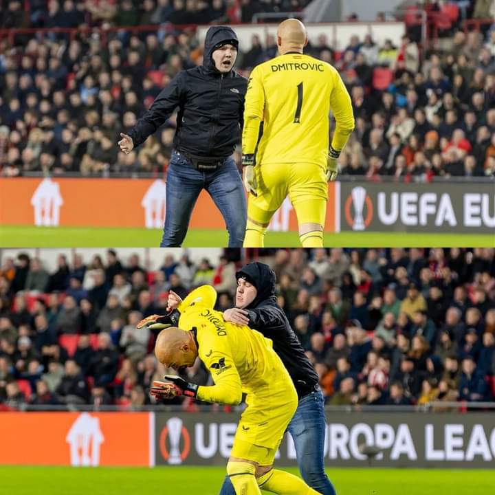 Victiiito's tweet photo. 😱 Un aficionados del PSV saltó al terreno de juego para atacar a Dmitrovic.
#dimitrovic #Sevilla @SevillaFC https://t.co/4mVYa1j7Yn