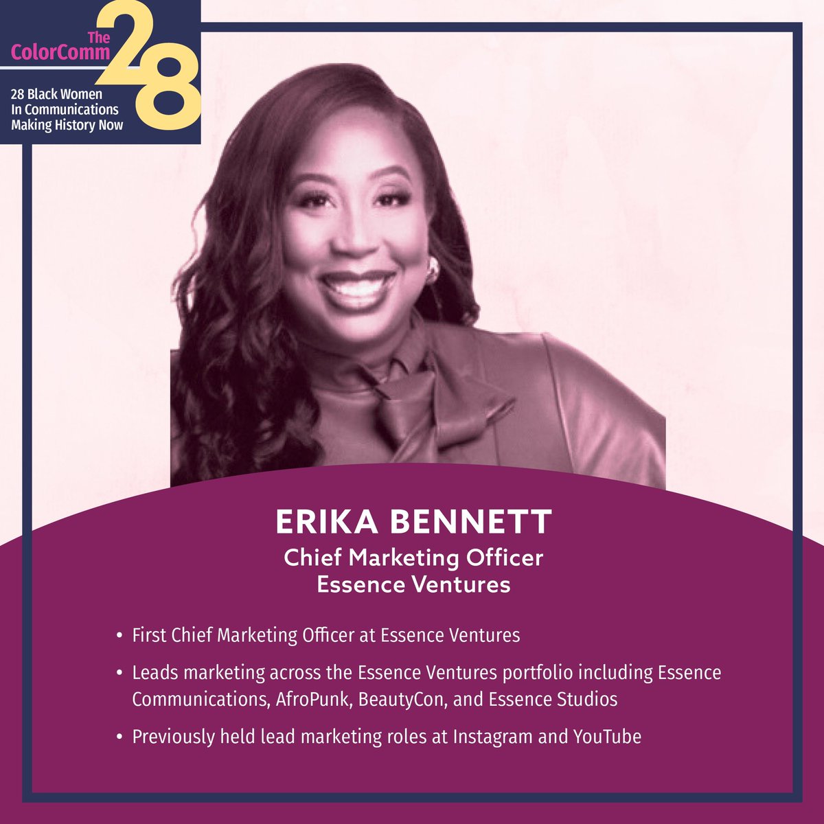 ColorCommntwk's tweet photo. Erika Bennett is the first CMO at Essence Ventures. @erikajbennett leads marketing across Essence’s portfolio of businesses that include – Essence Communications, @afropunk , @beautycon, @Essence Studios and more.
#blackhistory #ColorComm28 https://t.co/ulGQDRNoAO