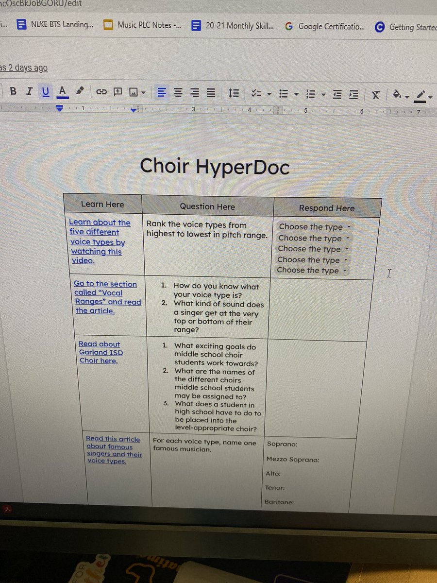 EtheridgeARC15's tweet photo. Today @RunningSomeMo shared a Hyperdoc in Google Docs w/ her @NES_Eagles 5th graders to learn more about the Choir elective for next year! Ss worked in partners through the activities to learn about pitch &amp; voice types, including researching @gisdnews &amp; exploring @BlobOperaNL 😂 https://t.co/tLOyJK8mwK