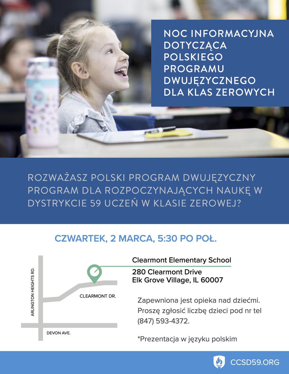 Are you interested in our Polish Dual Language Program for the 2023-24 school year?

Clearmont Elementary is hosting its annual Polish Dual Language Information Night for incoming Kindergarten students one week from tonight! 

We hope to see you there: bit.ly/3YYiiDZ
