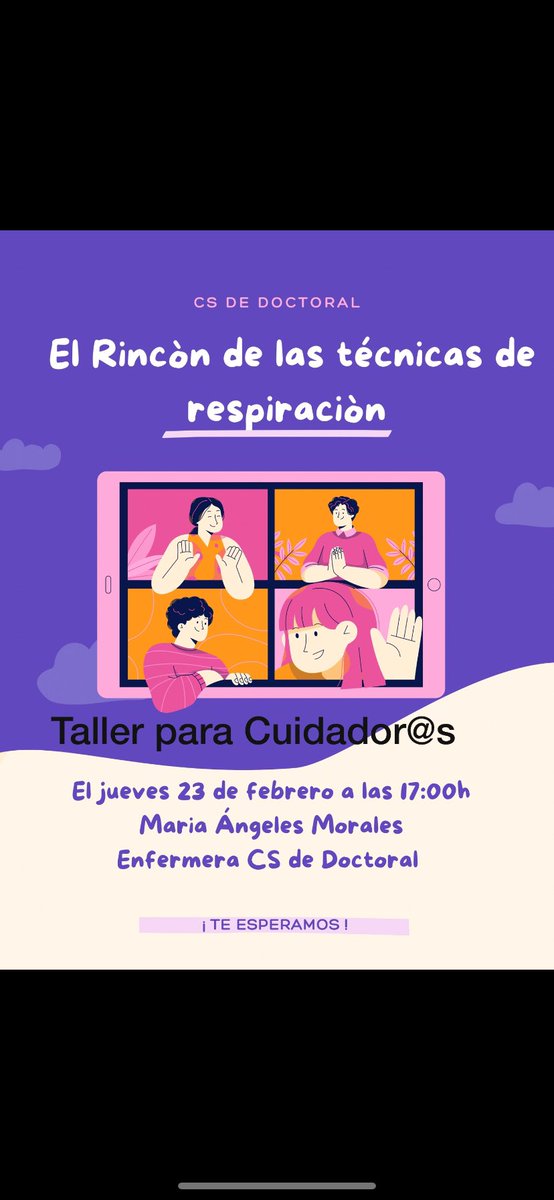 CentroDoctoral's tweet photo. Como todos los jueves desde el #CSDoctoral nuestro espacio para la #comunidad acoge a las personas #cuidadoras con un taller de técnicas de #relajación de la mano de la enfermera Dña.M. Ángeles Morales. #Cuídate para poder #cuidar #prevencion #salud #respirar #querernos #estar https://t.co/oeggEpAuMD