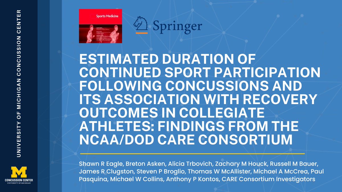 UMichConcussion's tweet photo. @CareConsortium research collaboration finds that continued participation after a sport-related #concussion is associated with higher symptom severity, longer symptom duration, and increased recovery time. Read the @SportsMedicineJ article to learn more https://t.co/pGxw9Aq9l2 https://t.co/khn4KgnhEF